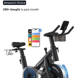  Exercise Bike, Brake Pad Stationary Bike with Exclusive App, Low Noise Indoor Cycling Bike with 300lbs Weight Capacity, Tablet Mount and Fitness Cour