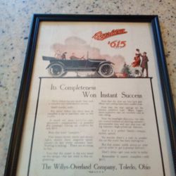 Vintage auto advertisement/ the Willy's- overland company,Toledo,Ohio/ framed in 9x12 inch glass with plastic frame/ model 75 roadster