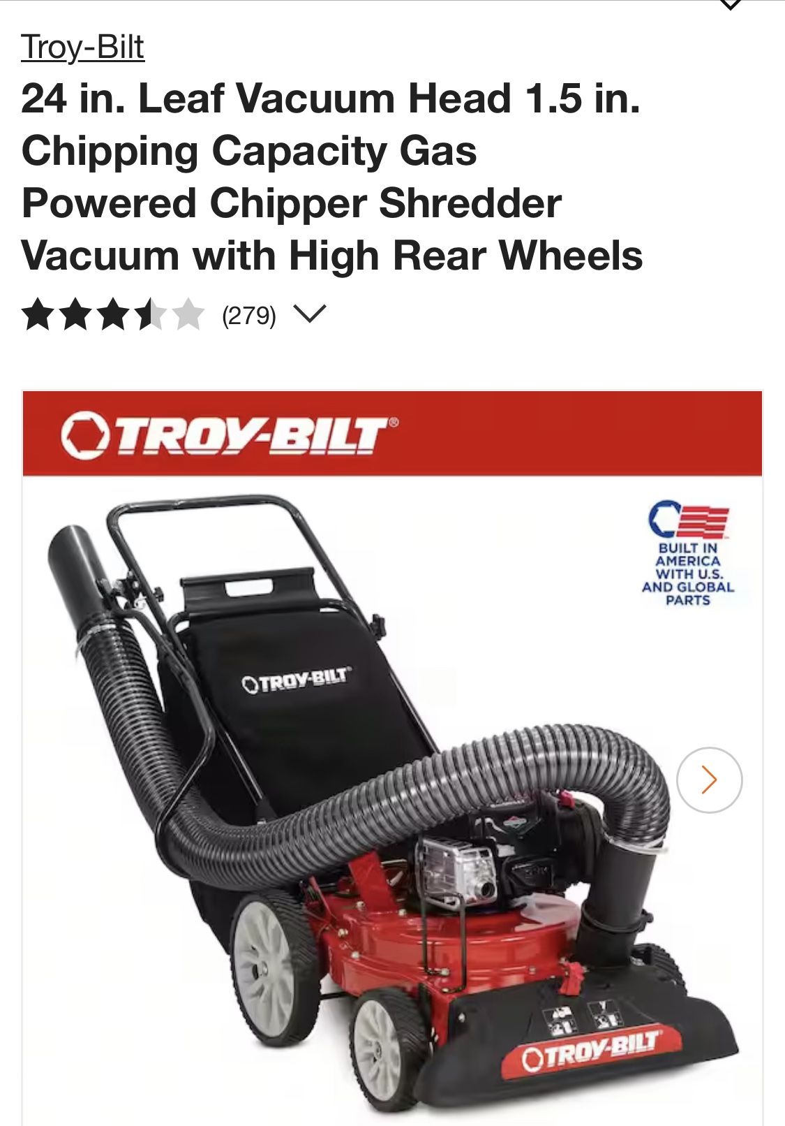 Troy-Bilt 24 in. Leaf Vacuum Head 1.5 in. Chipping Capacity Gas Powered Chipper Shredder Vacuum with High Rear Wheels