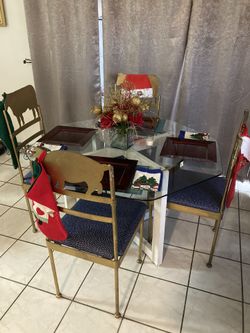 Set of 4 Metal Chairs - Gold - Newly Upholstered Seats