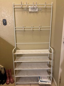 White Metal Entryway Rack with Hooks and Shelves