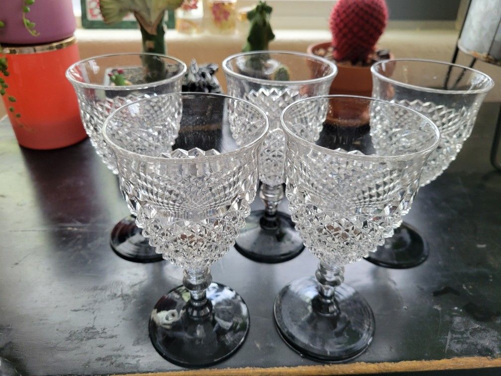 1900's WINE GLASSES set Of 5 Handmade England Glass With Black Glass Stem