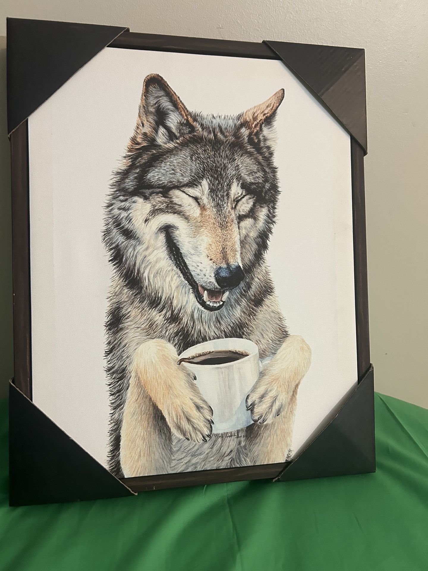 Laughing Wolf with Coffee 12/15 Picture Art Design by Holly Simental