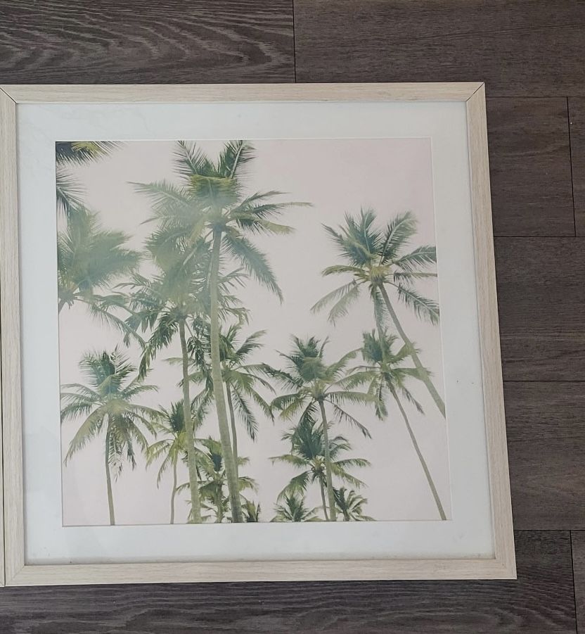 LIKE NEW Kate & Laurel Set of 2 Beach Palm Trees Ocean Light Wood Modern Coastal Framed Photography 18” x 24” Purchased at Target (no longer sold at