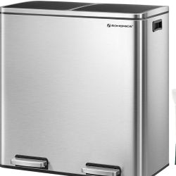 SONGMICS Trash Can, 2 x 8-Gallon Garbage Can for Kitchen.  2 Compartments, Plastic Inner Buckets and Hinged Lids, Airtight, Silver