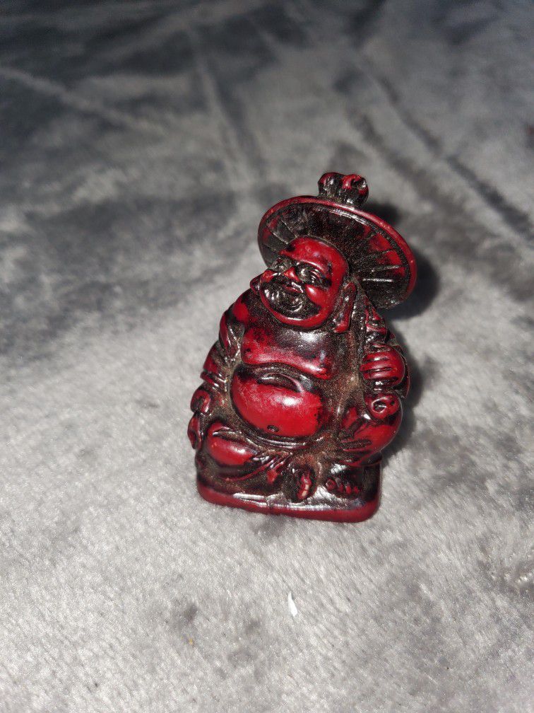Mini Buddha Statue Figurine Knick Knack Laughing Buddha Red-Resin Seated 2"