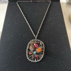 Dark Silver Toned Necklace With Wire Wrapping Multicolored Beads 