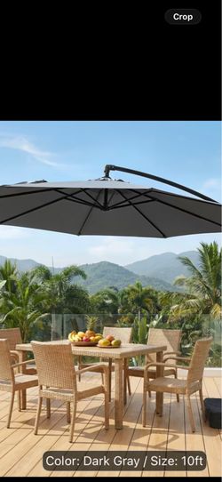 Brand new Grey color of 10-Foot Patio Offset Umbrella with Base, Cantilever Hanging Market Umbrella for Outdoor Use, Featuring a Crank And Cross Bases