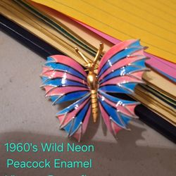 1960's Wild Neon Peacock Enamel Vintage Butterfly Brooch-$75.00