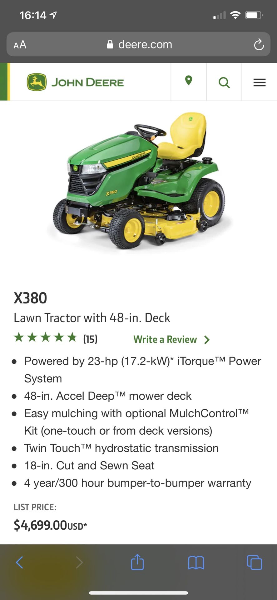 2019 X380 john deere lawn tractor