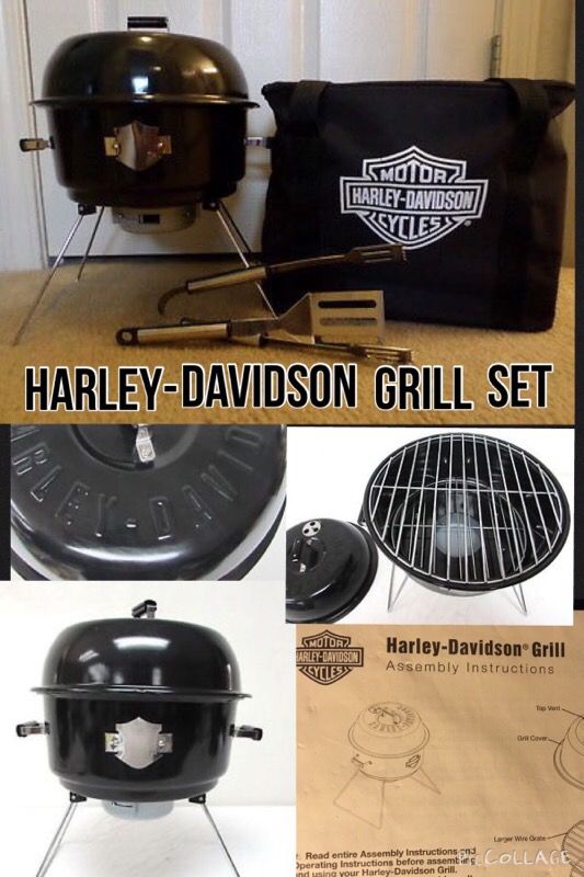 NEW Harley Davidson Portable Charcoal BBQ Grill & Utensil Set: Fits in Saddle Bag