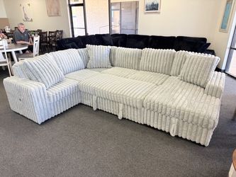Large Corduroy Sectional Sofa with Pillows