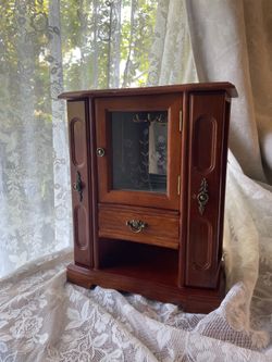 Vintage Wooden Jewelry Box Cabinet w/ Mirror & Floral Glass Doors