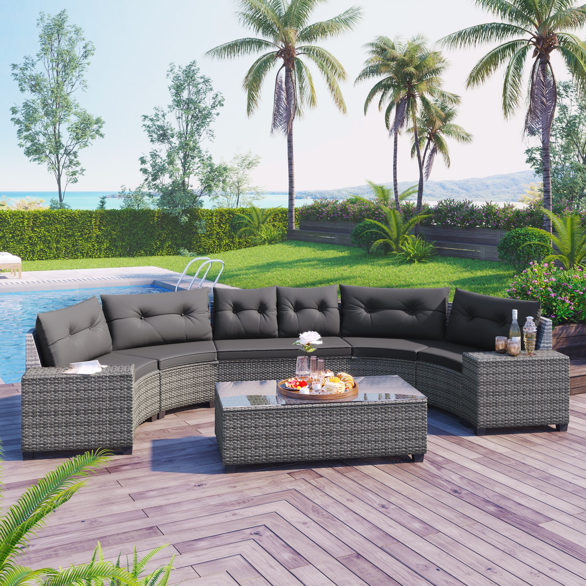 GO 8-pieces Outdoor Wicker Round Sofa Set, Half-Moon Sectional Sets All Weather, Curved Sofa Set With Rectangular Coffee Table, PE Rattan Water-resist