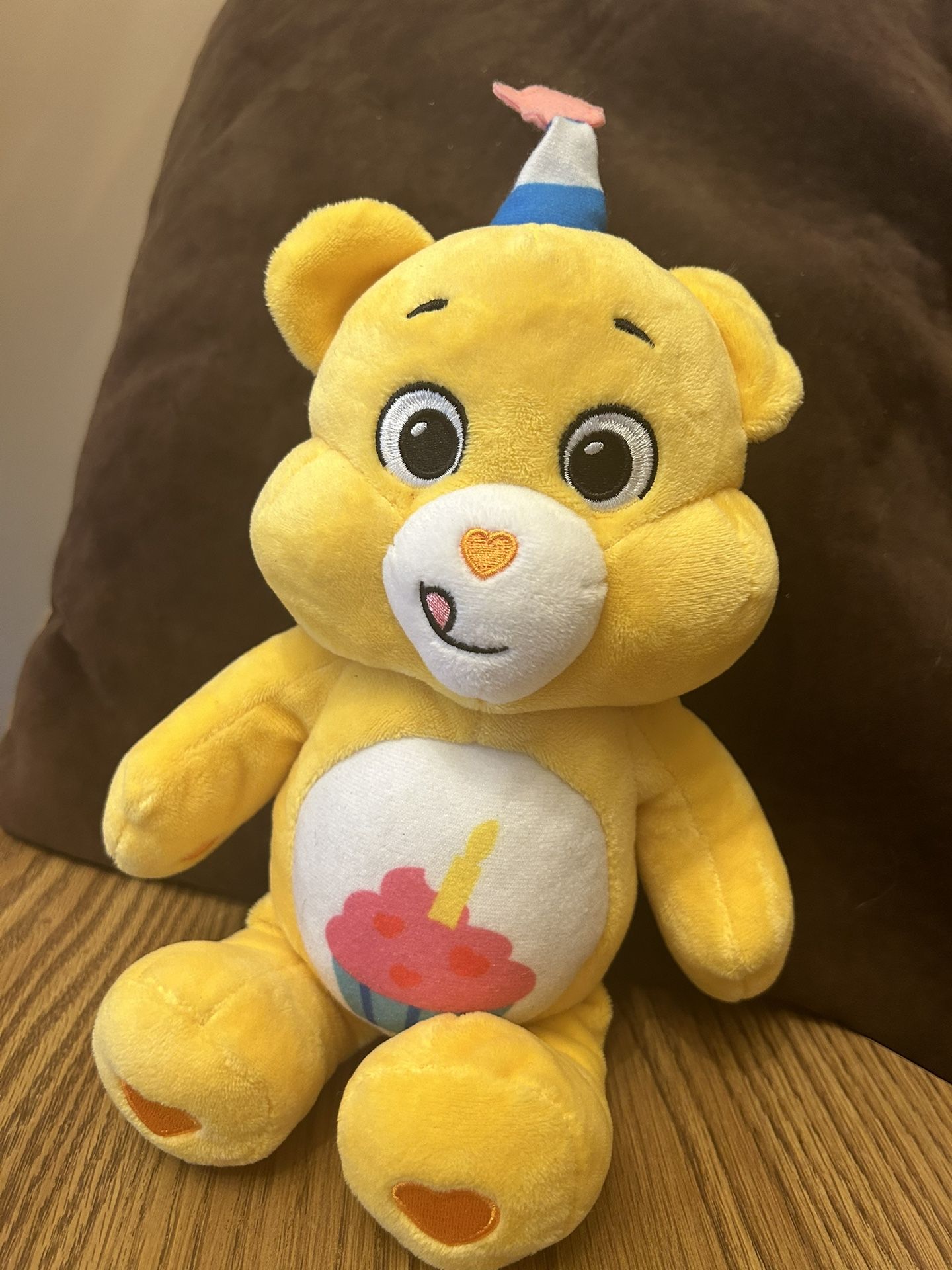 Plush care bear - yellow happy birthday carebears plushie - party hat / cupcake