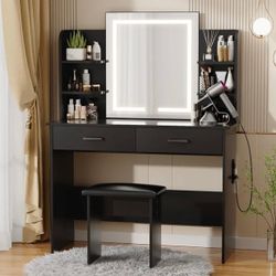 42.5” MakeUp Vanity Table with Lighted Mirror, 2 Drawers, Shelves And Stool