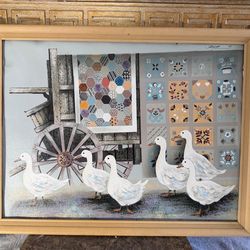 Vintage Farmhouse Ducks Painting Signed Jasper Rustic Country Wall Art 26x20 Framed