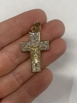 10K Yellow Gold Jesus Cross CZ Stones Pendant 