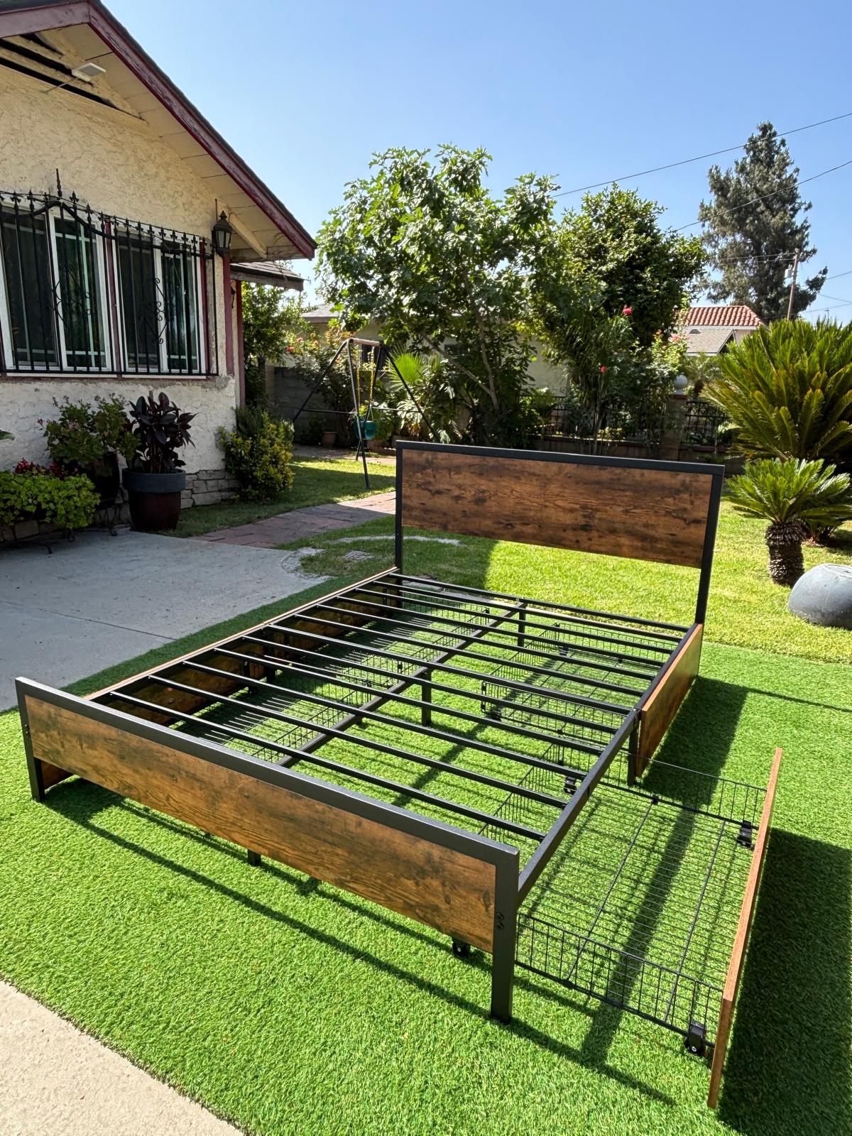 Heavy-Duty Queen Bed Frame with 4 Drawers, Metal Storage Platform with Wooden Headboard