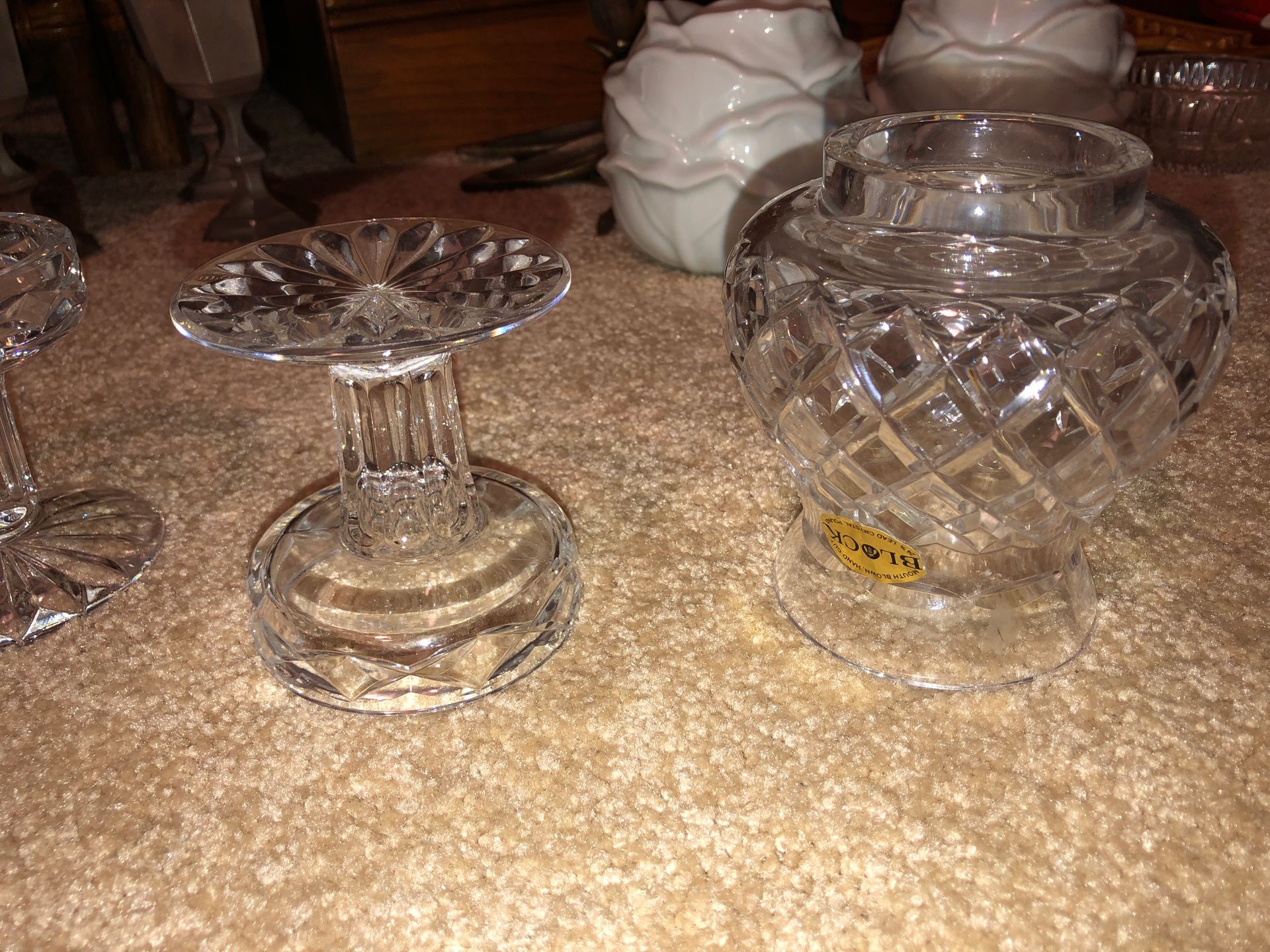 Block 2, 8” Tall Mouth Blown Hand Cut 24% Lead Crystal Votive Hurricane Candle Holders on Pedestals, Art