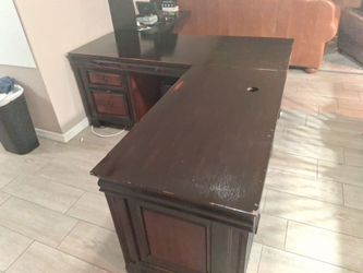 Dark Wood L-Shaped Office Desk and file cabinet