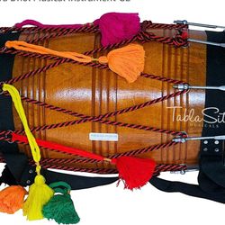 Dhol Drum by Maharaja Musicals, Mango Wood, Natural, Barrel Shaped, Padded Bag, Beaters, Nylon Shoulder Strap, Punjabi Bhangra Dhol Musical Instrument