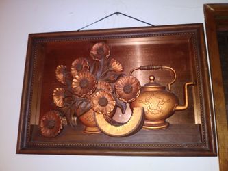 Vintage Mid Century Framed 3-D Copper Relief Sculpted Floral Wall-Art Plaque
