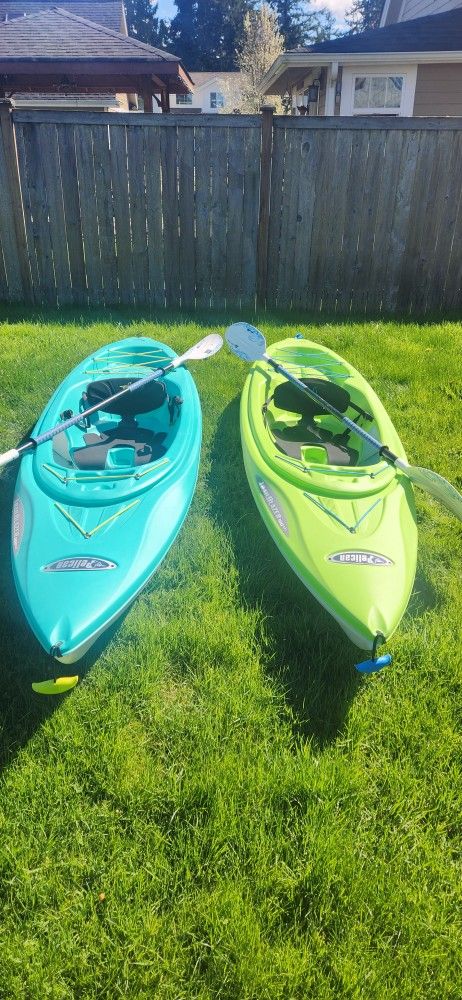 2 Pelican Trailblazer 100nxt Kayaks + Oars - USED 5 TIMES