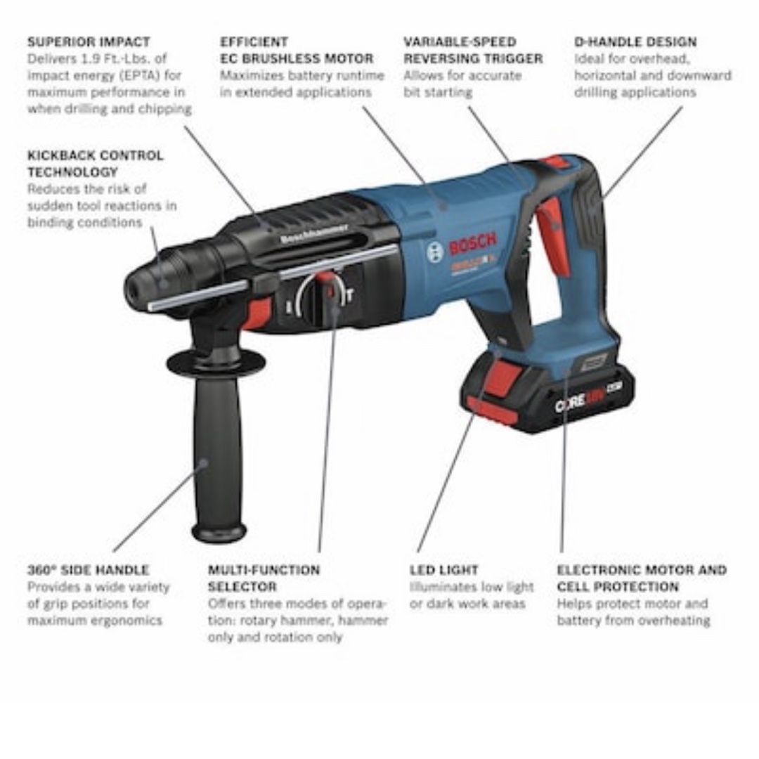 bosch bulldog core 18v 1-in sds-yplus hammer drillyy