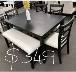 Black solid Wood Dining Table Set With Chairs And Bench 60x36x30