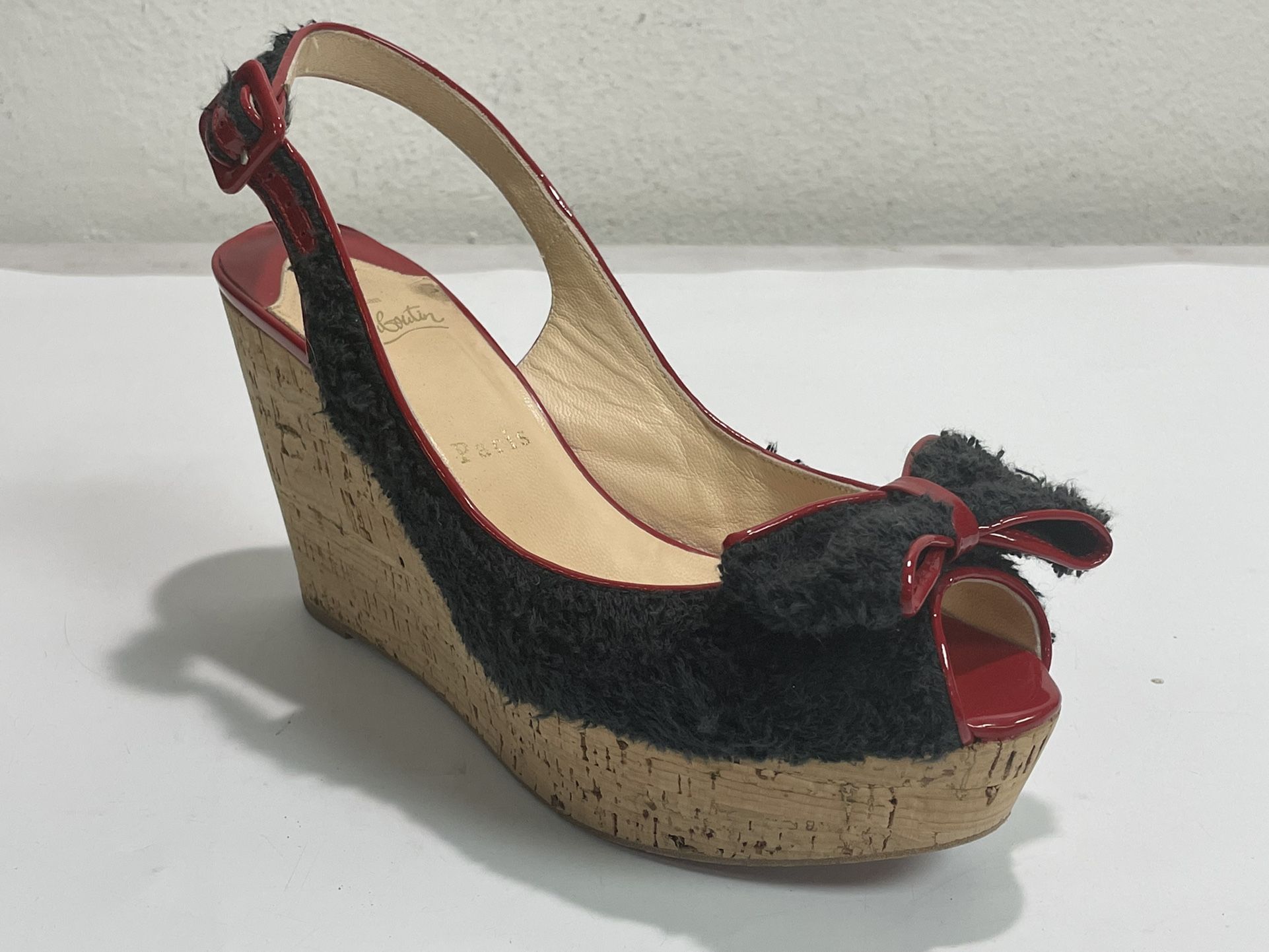 Christian Louboutin ~ Black & Red Helicola Towel Cork Wedge Sandals ~ Size 39