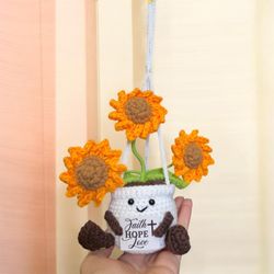 Triple Sunflower in Smiling Pot Handmade Crochet Cute Gift Amigurumi Decoration
