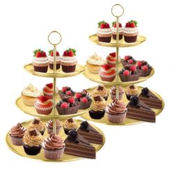 2 3-tier gold metal dessert stands