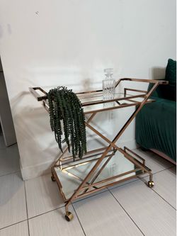 Modern Gold Mirrored Bar Cart on Wheels | Serving Cart | Rolling Beverage Cart