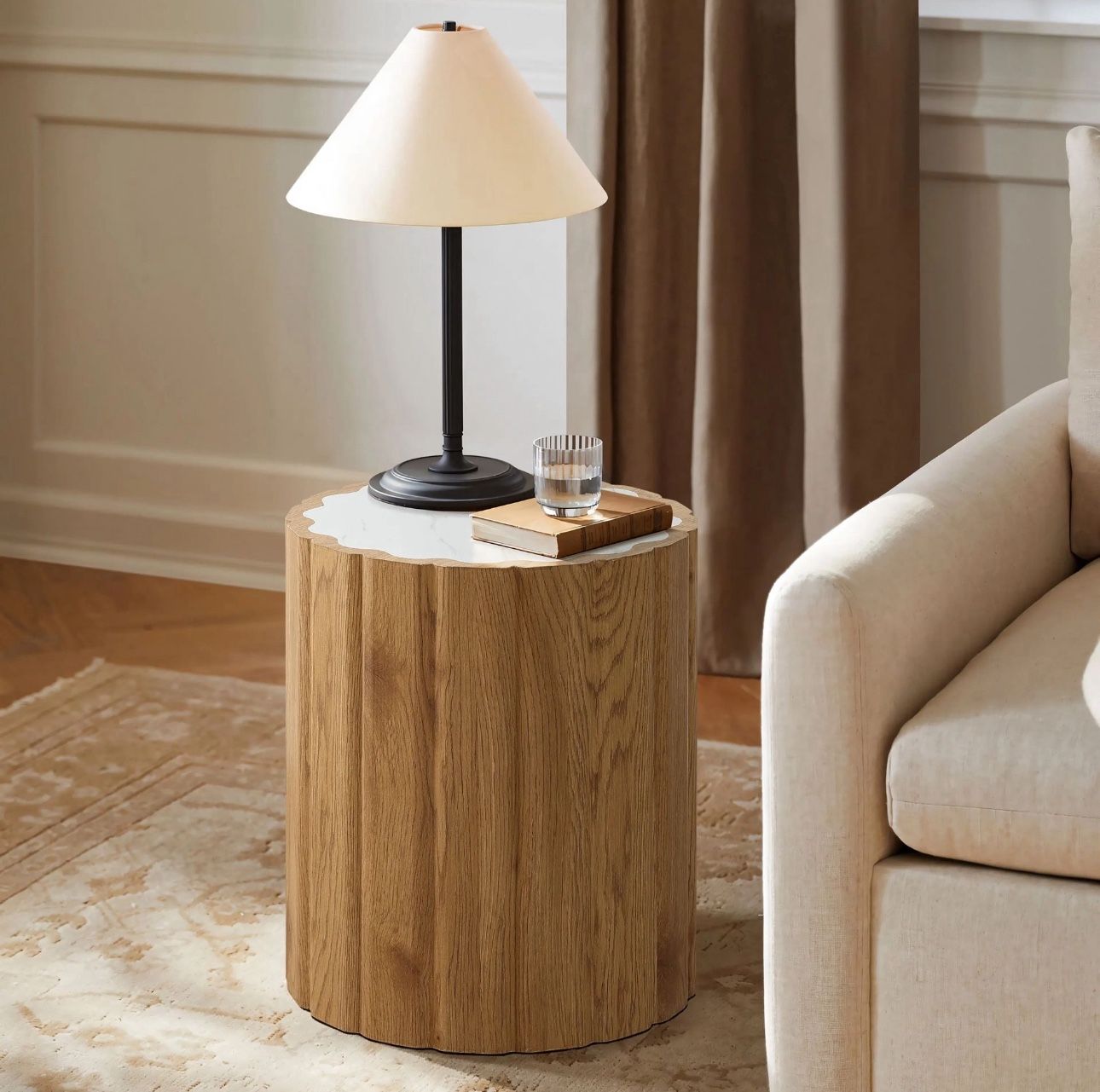 Marko wood grain round end table with faux marble top ,IF2397