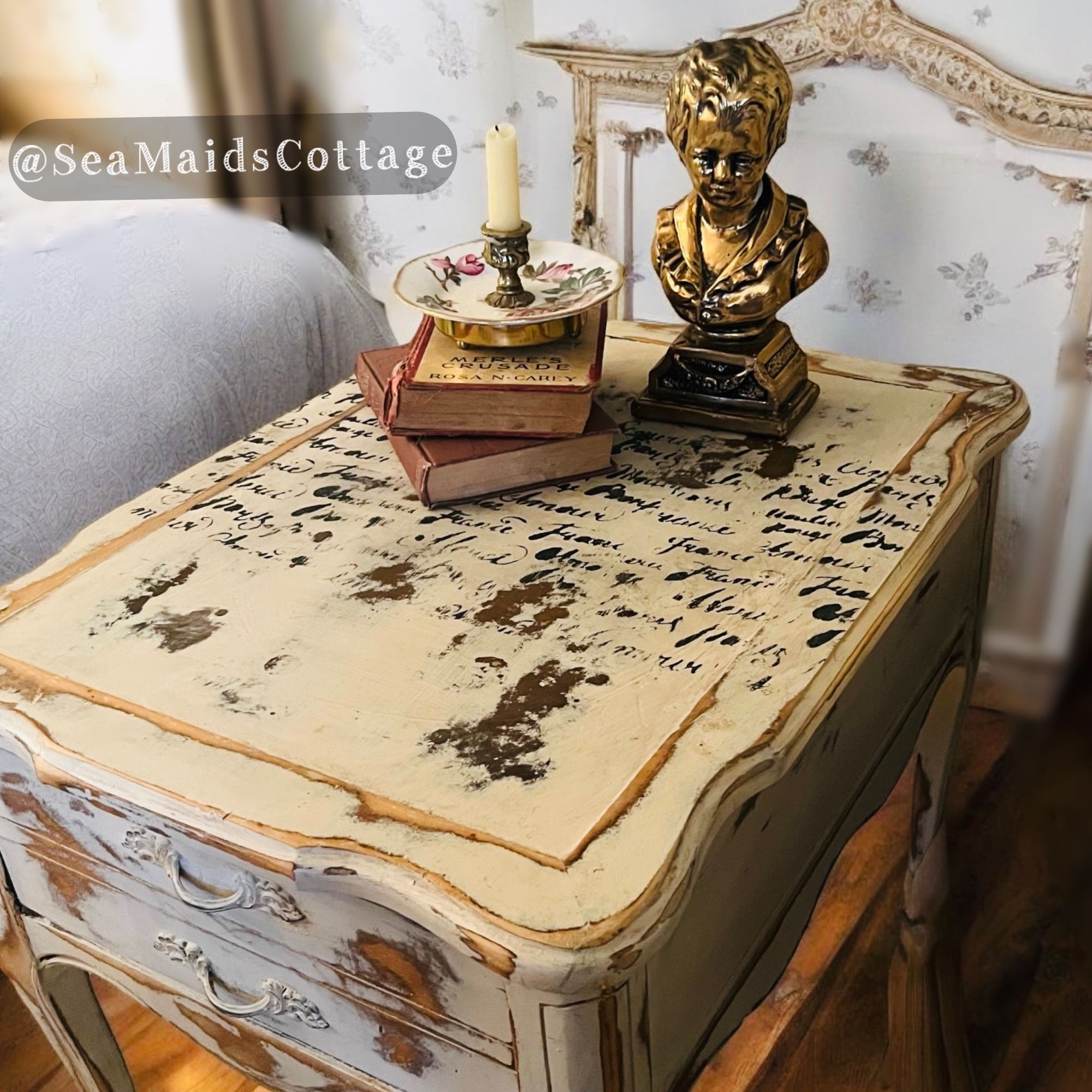 French Countryside End Table with Drawer and French Script!