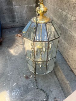 Large Brass and Glass Lantern Chandelier