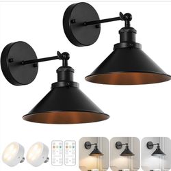 Black Vintage Wireless Battery Operated Wall Sconces, Industrial Cordless Battery Powered Led Wall Lights Set of 2