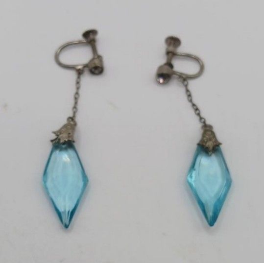 Vintage Blue Crystal, Sterling, Screwback Dangle Earrings
