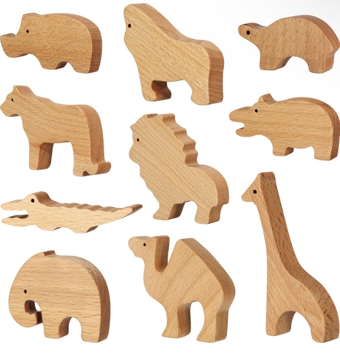 Wooden Safari Animal Figures Set, 10 Forest Animals Figures Toys, for 1-3 Year Old