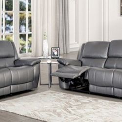 Brand New Grey Leather Reclining Sofa & Loveseat 