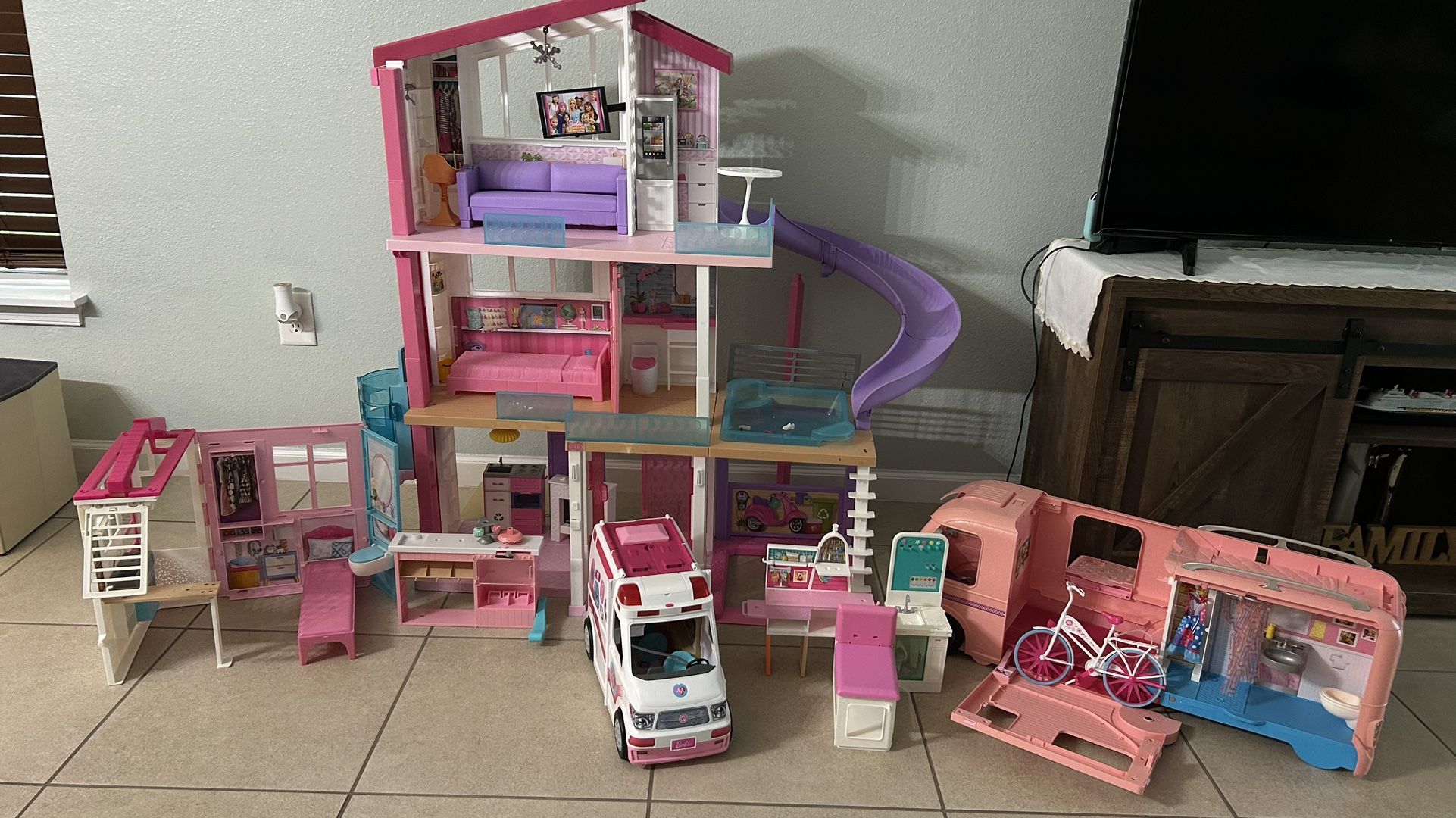 Barbie Mega Bundle – Dreamhouse, Camper & Bike – $230