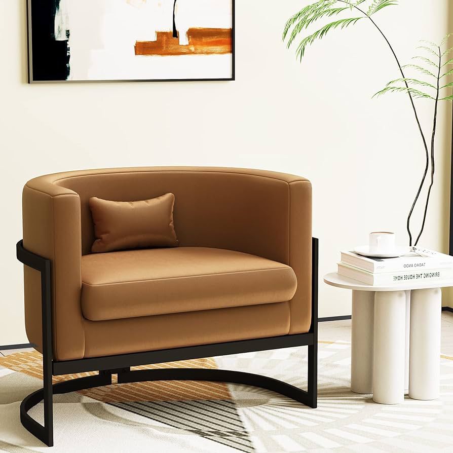 Upholstered Modern Living Room Chair Accent Chairs, Brown Faux Leather Armchair Mid Century Lounge Barrel Chair Anti Scratch Sofa Tub Bucket Club Chai