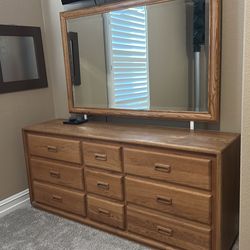 Oak dresser, mirror and armoire set