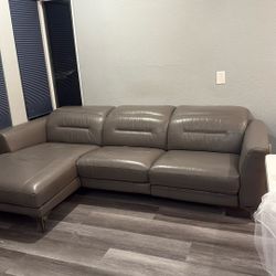 Grey Leather Sectional With  Reclining Chaise 