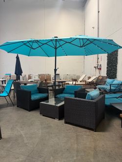 New assembled set of 4 pcs outdoor chairs in blue.