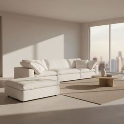 134" Cream / Ivory Linen  4-Pc High Density Goose Down Sectional Cloud Sofa w/ Ottoman [NEW]  **Retails for $3420 [NO ASSEMBLY REQUIRED]  