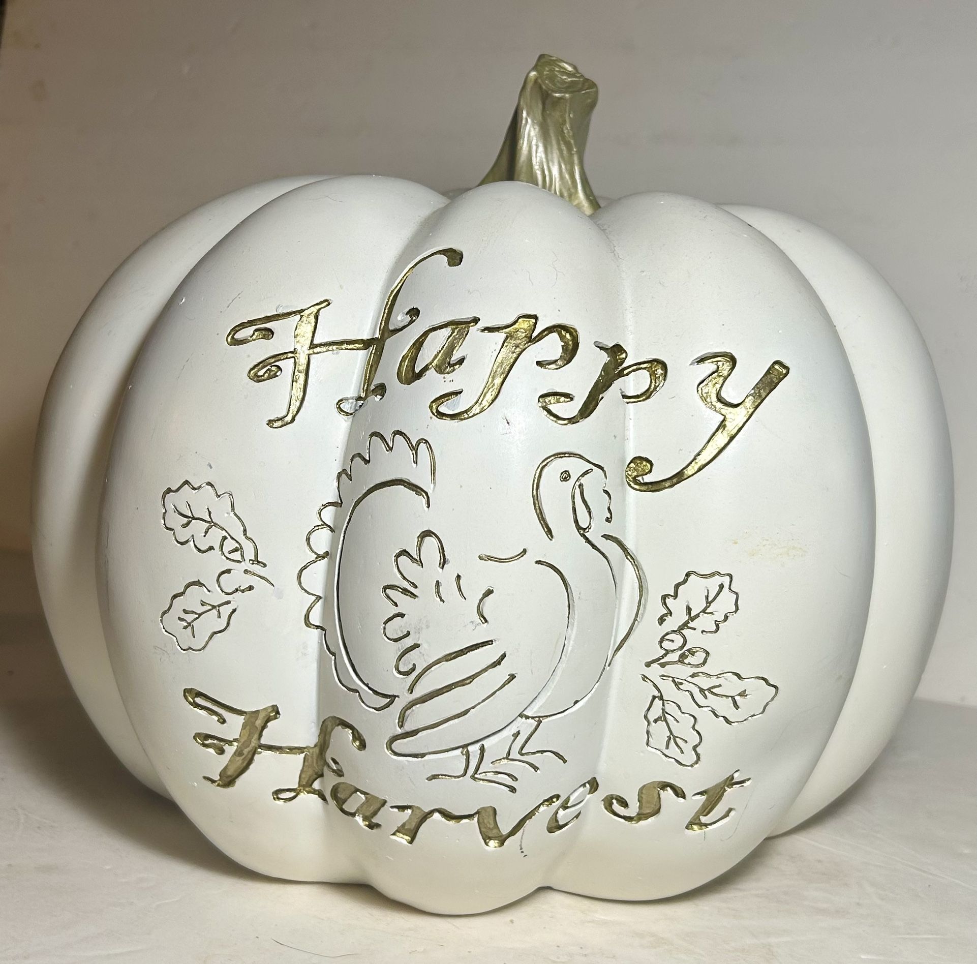 Happy Harvest GIANT White Pumpkin With Gold Stem & Script