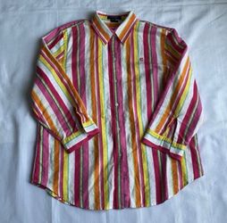 Chaps Multi Color Striped Button Up Shirt Linen Cotton Women’s Size Large