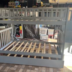 Gray Twin Bunk Bed with Bookshelf Stairs Plus Trundle and 2 Free Clean Ikea Twin Mattresses